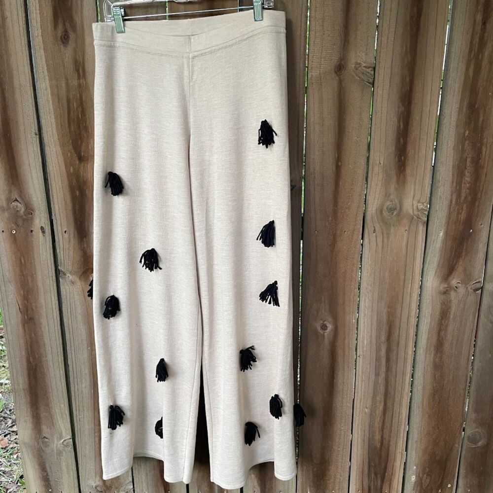 BITTE KAI RAND Art to Wear TASSEL WIDE LEG PANTS Trousers  L Merino Wool Blend